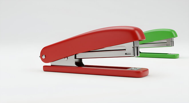 Two brightly colored staplers on a minimalist white background.