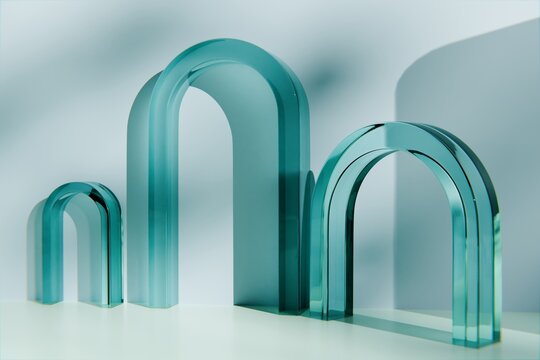 Transparent glass arches in a blue abstract scene