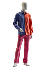 A male mannequin displays a vibrant two-toned shirt and matching pants.