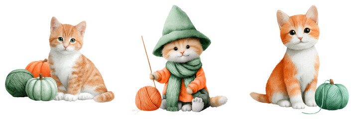 Cottagecore Halloween cats Clipart, Cozy Spooky, watercolor Three cute kittens in various poses, featuring pumpkins and yarn, with one dressed in a green hat and scarf, evoking a playful autumn theme.