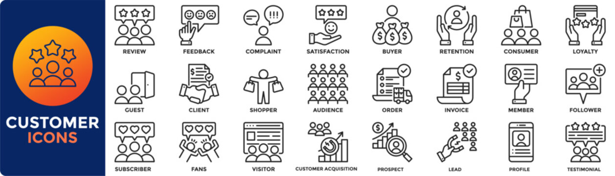 Customer icon collection set. Containing client, buyer, consumer, shopper, audience, visitor icon. Simple line vector illustration.