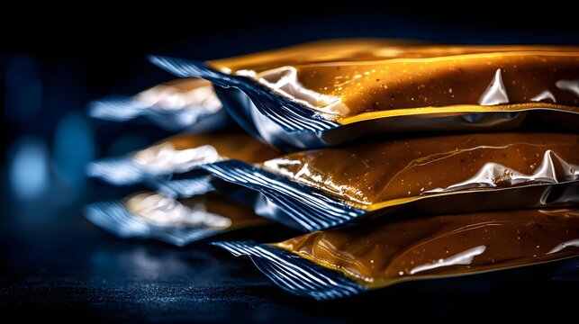 Close-up of a stack of food pouches.