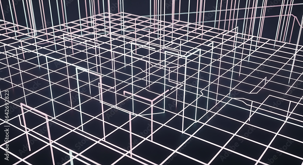 Fototapete abstract wireframe grid with white lines forming a cubic structure on a dark background surface