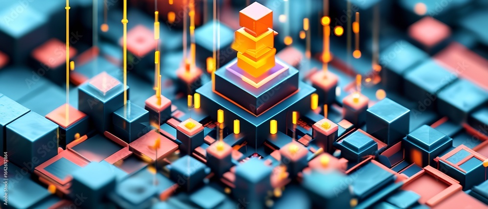Poster Dynamic 3d block stacking action abstract space digital art futuristic environment isometric viewpoint visual concept