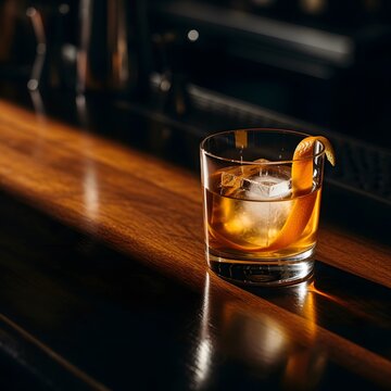 A classic amber cocktail with a large ice cube and orange peel garnish sits on a polished wooden bar, reflecting warm light.