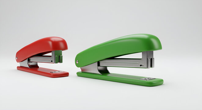 Two brightly colored staplers on a minimalist white background.