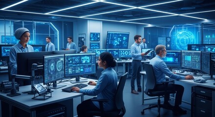 A modern control room with multiple screens displaying data. Diverse group of professionals work together, including a young Asian woman and a senior Caucasian man.