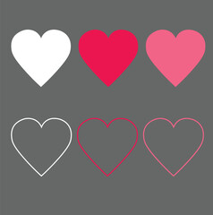 Set of Heart Icons, Solid and Outline Vector Love Symbols, Romantic Shape Collection, Isolated on Transparent Background