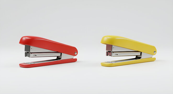 Two brightly colored staplers on a minimalist white background.