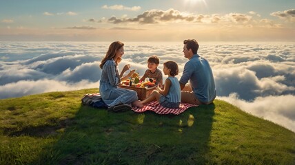 Fototapeta premium Family picnic on a hill above clouds, sunny day
