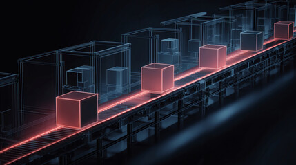 A hologram of a conveyor belt carries abstract shapes (tasks) through different processing stations (stages), symbolizing a sequential workflow and phased project completion.