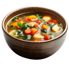 Warm vegetable soup in a rustic bowl isolated on a white background.