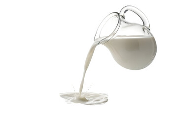 Dynamic milk splash captured mid-pour from a clear glass jug creating fresh, vibrant droplets and waves in a clean, modern presentation