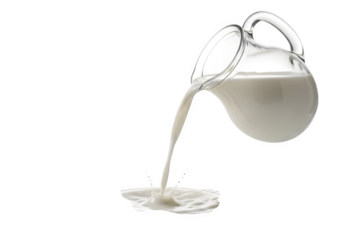 Dynamic milk splash captured mid-pour from a clear glass jug creating fresh, vibrant droplets and waves in a clean, modern presentation