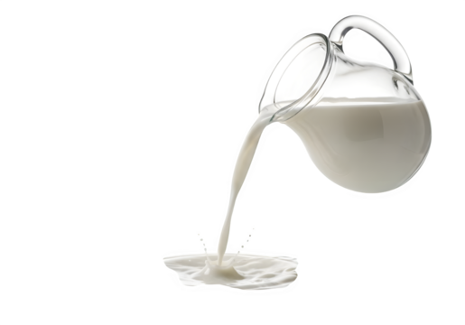 Dynamic milk splash captured mid-pour from a clear glass jug creating fresh, vibrant droplets and waves in a clean, modern presentation