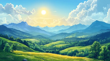 A vibrant landscape featuring rolling hills, lush greenery, majestic mountains, and a bright sun illuminating a clear blue sky.