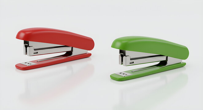 Two brightly colored staplers on a minimalist white background.