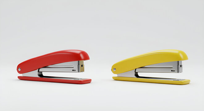Two brightly colored staplers on a minimalist white background.