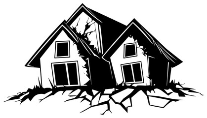 Silhouette of a Cracked House Post-Earthquake