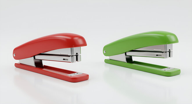 Two brightly colored staplers on a minimalist white background.