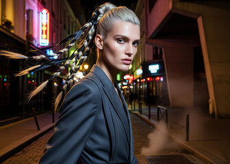 Obraz premium A stylish woman with futuristic braided hair confidently walks down a vibrant neon-lit city street at night.