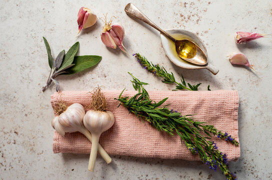 Garlic, herbs and oil