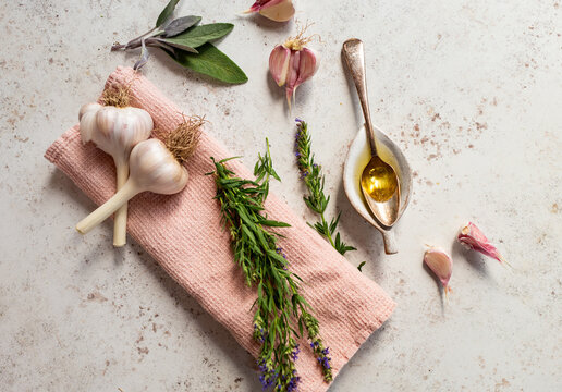 Garlic and herbs still life