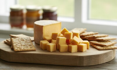 Cheese block, squares, crackers, jars atop cutting board near window