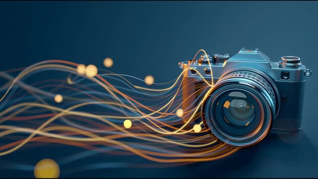 real photography, A simple and sophisticated banner featuring a modern mirrorless camera on a gradient background, with light streaks and bokeh balls spreading from its lens to symbolize the joy 