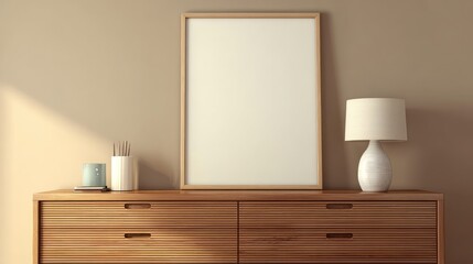 Blank picture frame on wooden dresser