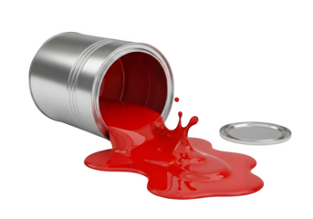 Vibrant red paint spills dynamically from an overturned metal can creating a splash of color, ideal for DIY projects or creative design concepts