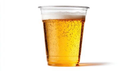 Plastic beer glass filled with light-colored beer