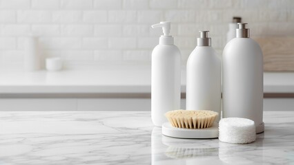 Elegant bathroom setup white bottles marble counter product display modern home close-up luxury beauty care