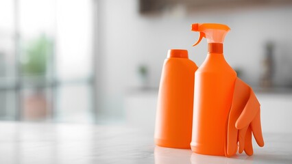Efficient home cleaning techniques using orange cleaning supplies kitchen product photography bright environment close-up view