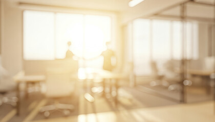 Blurred office interior with desks, chairs, and natural light streaming through large windows, creating an inviting and productive modern workspace.