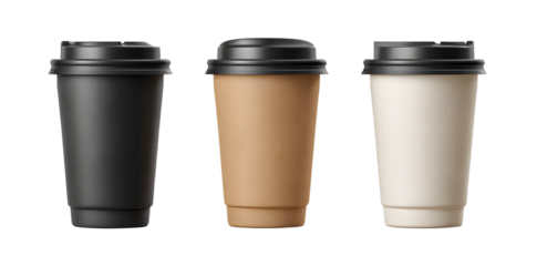 Set of three tall coffee cup mockups in black kraft and white paper with black lids on transparent background
