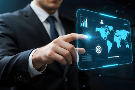 Businessman using futuristic interface for global business data analysis and insights - Powered by Adobe
