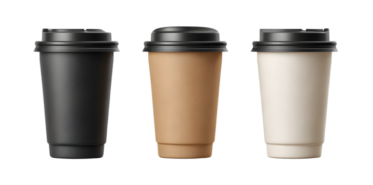 Set of three tall coffee cup mockups in black kraft and white paper with black lids on transparent background