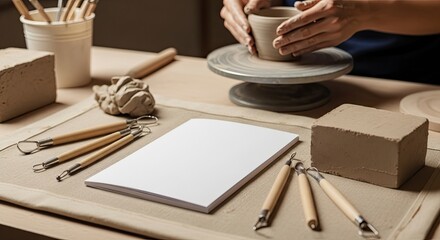 Blank notebook mockup on a potter's table with clay, tools, and a person making ceramics in the background.