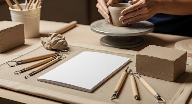 Blank notebook mockup on a potter's table with clay, tools, and a person making ceramics in the background. - Powered by Adobe