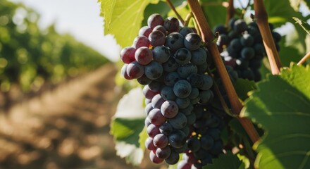 Close-up of ripe red grapes on vine in vineyard row, sunny day