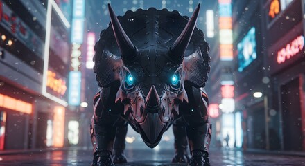 A robotic triceratops with glowing blue eyes stands in a futuristic city street at night time