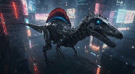 Robotic spinosaurus with glowing eye standing in a futuristic city with neon signs and tall buildings