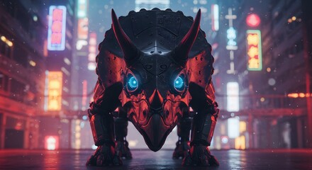 A robotic triceratops stands in a neon lit city with glowing blue eyes and a dark metallic body armor