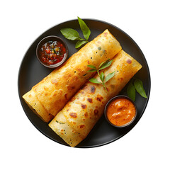 A delicious looking dosa on a dark platter isolated on a white background
