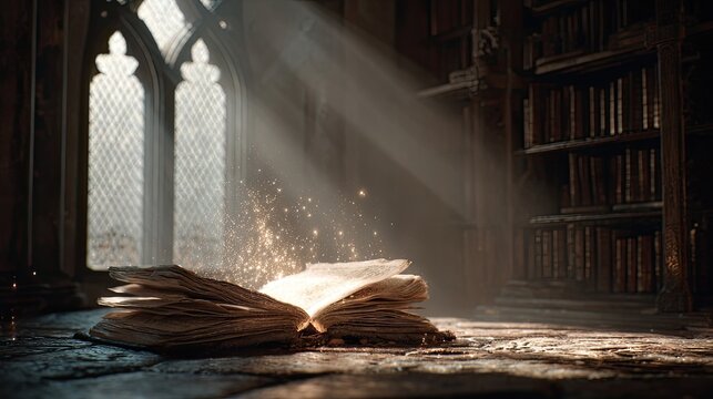 Ancient book opening in a sunlit library - Powered by Adobe