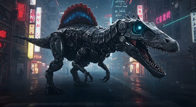 Robotic spinosaurus walking through a neon lit city street with japanese signs at night time scene