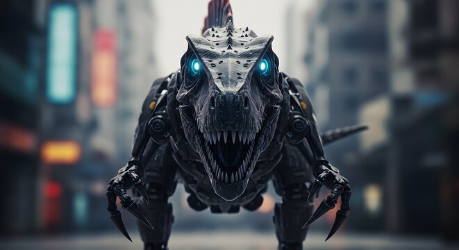 Close up of a robotic spinosaurus  with glowing blue eyes in a blurry urban environment scene