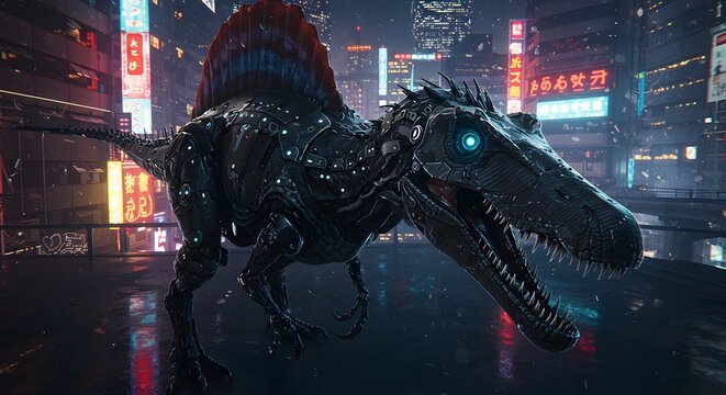 Robotic spinosaurus stands in a futuristic city with bright neon lights and a dark and wet street