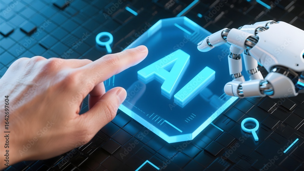 Aufkleber artificial intelligence ai concept with human and robot hands touching ai interface panel